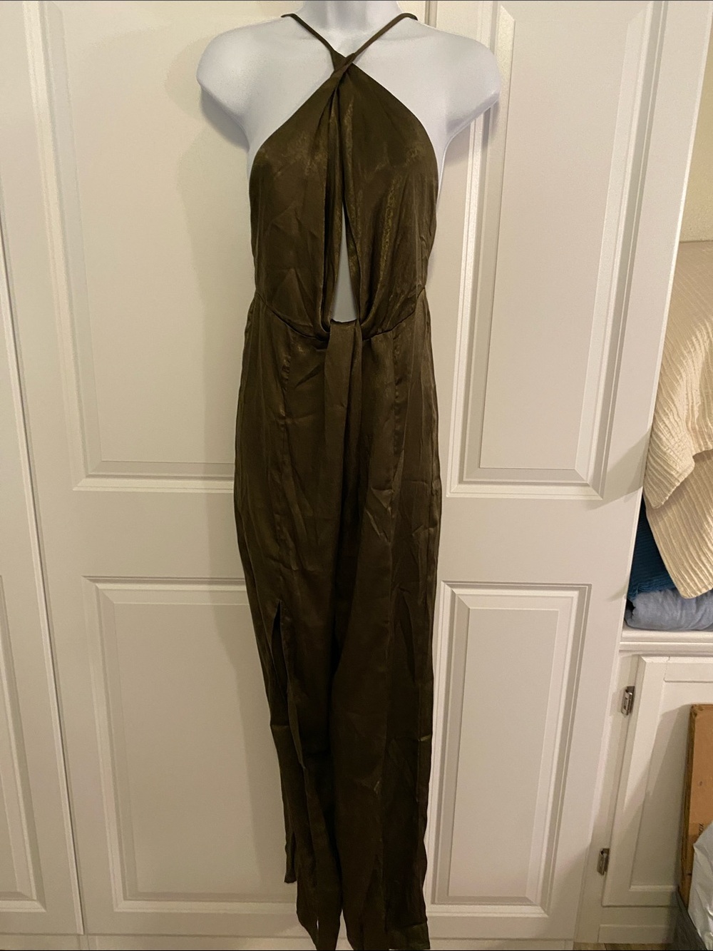 Blue Blush Olive Halter Satin Jumpsuit